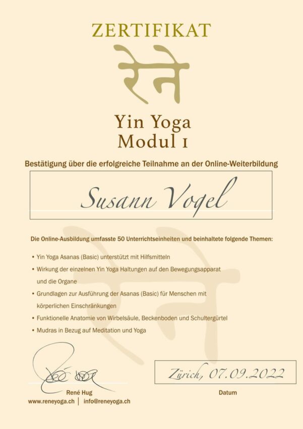 Susann Vogel Yin Yoga Modul 1 Zertifikat