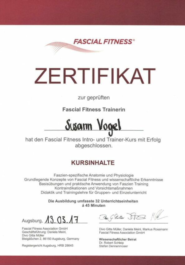 Zertifikat Fascial Fitness Susann Vogel