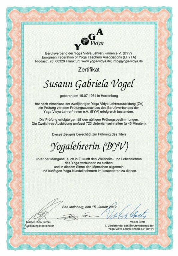Zertifikat Yogalehrerin Susann Vogel